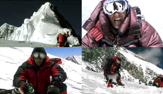 
Broad Peak Summit to the left and Broad Peak forepeak to the right from the Broad Peak Col, Ed Viesturs And Jean-Christophe Lafaille On Broad Peak Summit July 15, 2003, JC Struggles On The Descent - Trio For One: Jean Christophe Lafaille DVD
